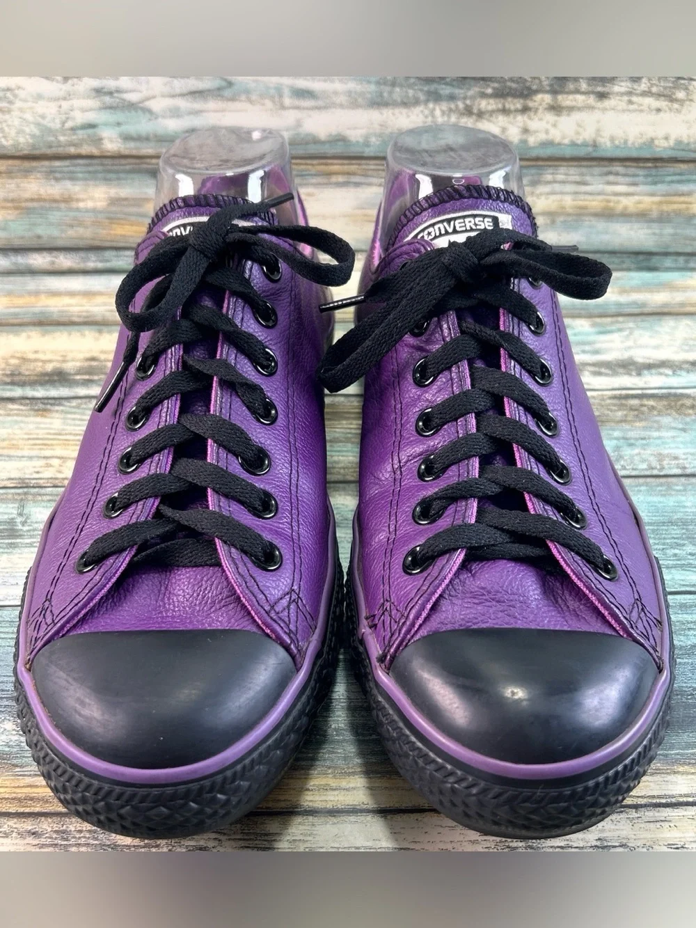 CONVERSE ALL STAR Low Top Casual Sneakers Size 11 Purple Leather Black Cap Toe